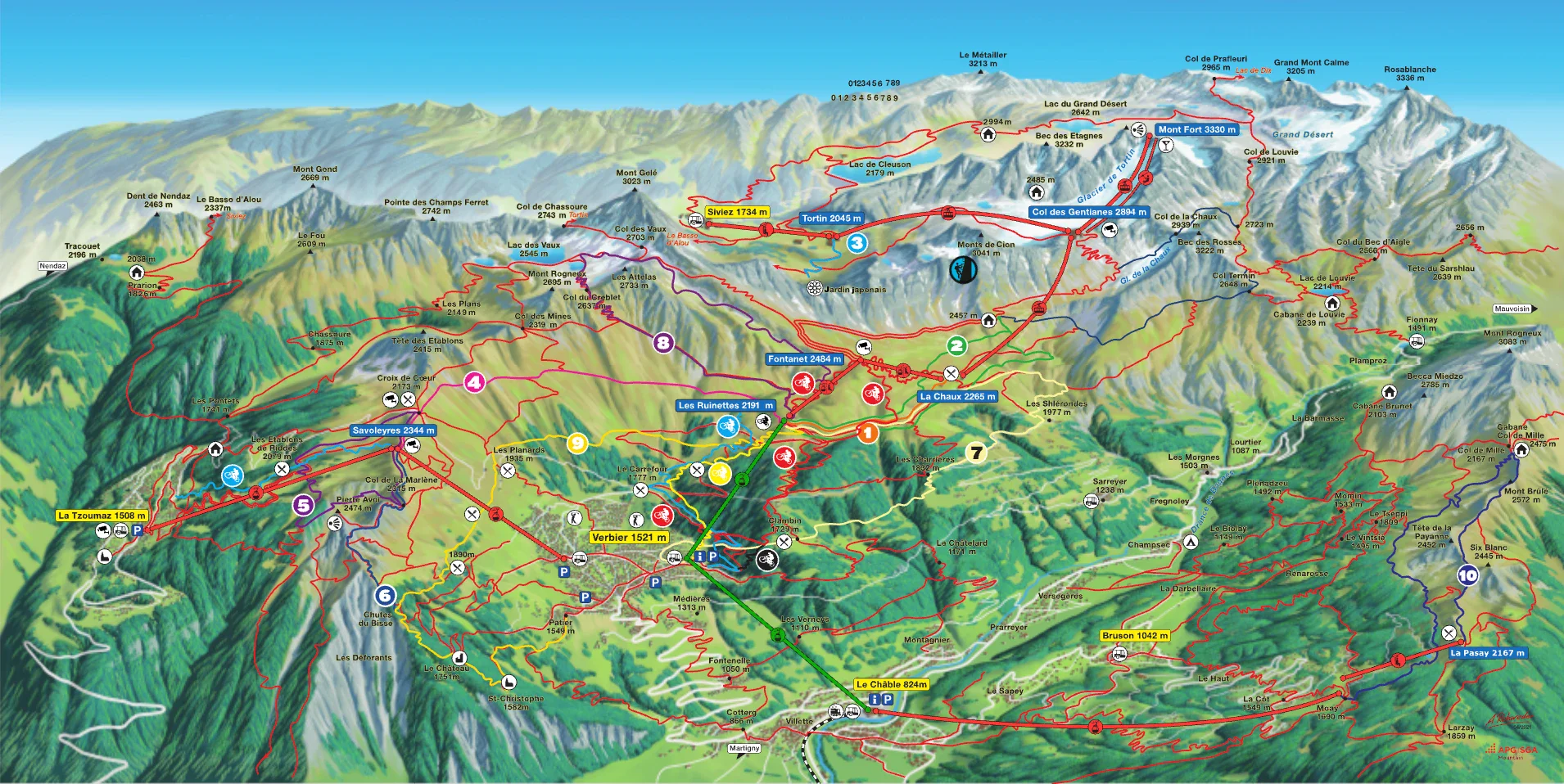Summer trail map of Verbier and the 4 Vallées, © Verbier 4 Vallées / APG|SGA